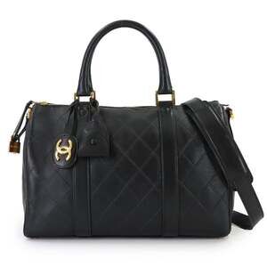 Chanel Piccolore 2-way Mini Boston Shoulder Handbag, Leather, Black with Gold...